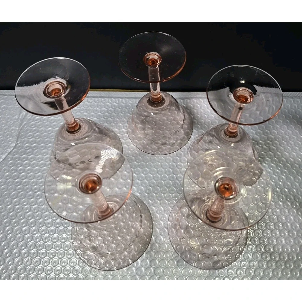 Vintage Pink Depression Glass Champagne Coupes Set Of 5 Etched Design